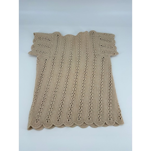 Women's Beige Crochet Knit Square Neck Short Sleeve Top handmade - Picture 2 of 3
